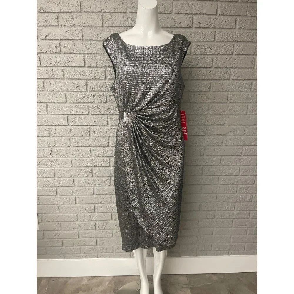 Connected Apparel Lisa Silver Shimmer Sleeveless Faux Wrap Side Ruched Dress 14